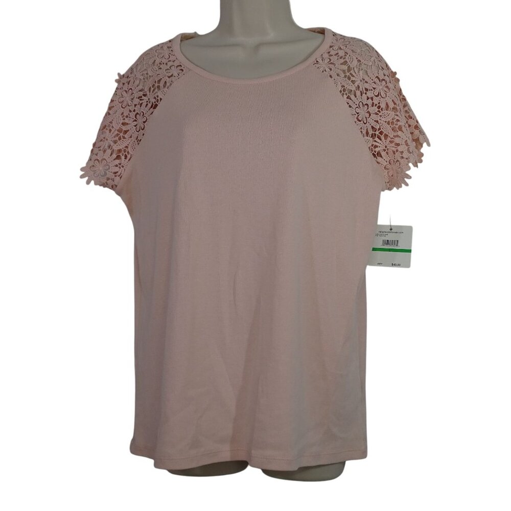 Rafaella Studio Pink Lace Short Sleeve Knit Top Shirt Women Size L Casual NEW